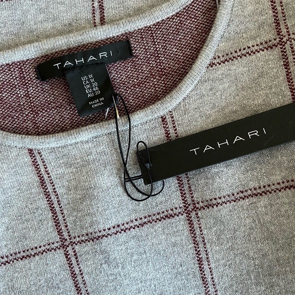 NWT TAHARI Pullover Plaid Knit Sweater Top 3/4 Sleeves Tunic Grey Red Women’s 1X - Picture 9 of 13